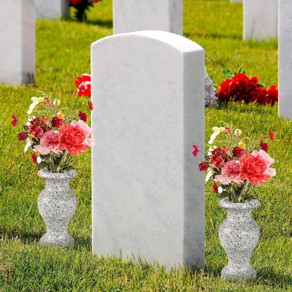 Cemetery Vase, Turned Granite Vase Polished, Memorial Stone Vases with Draining Holes for Home Tabletop, Cemetery Flowers, Grave Headstone Decorations (2Pcs, Grey)
