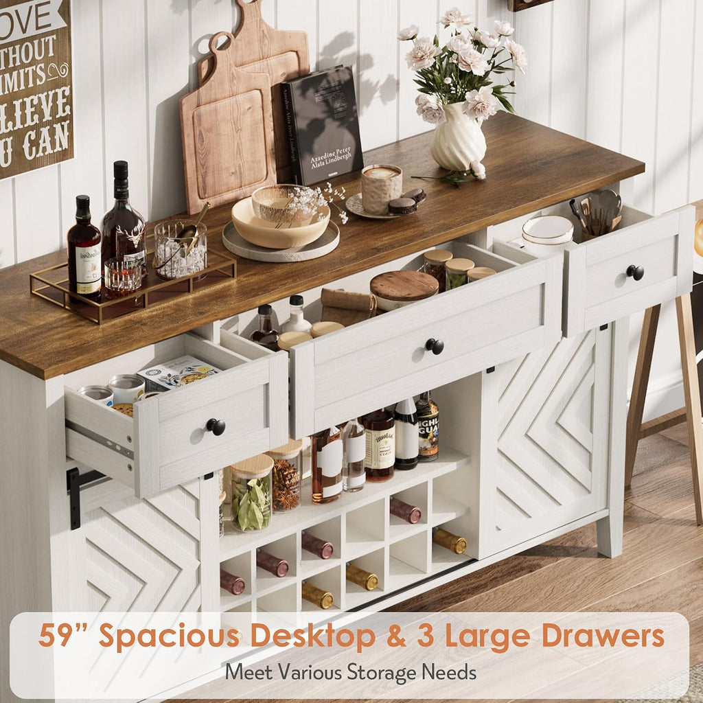 CABIHOME Farmhouse 47.2'' Buffet Cabinet with Sliding Barn Door, 33.4'' Tall Wood Rustic Sideboard with 3 Drawer, Adjustable Shelf and Removable Wine Rack (White, 59'')