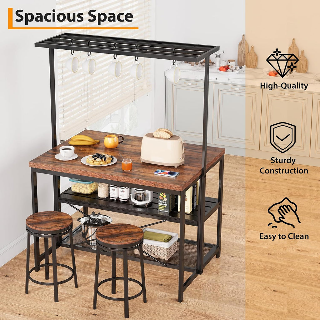42' Kitchen Island with Storage, Multi-Functional Coffee Bar Station - 3-Tier Bakers Rack with Heavy Duty Steel Frame for Small Spaces (Farmhouse Style, Retro Color)