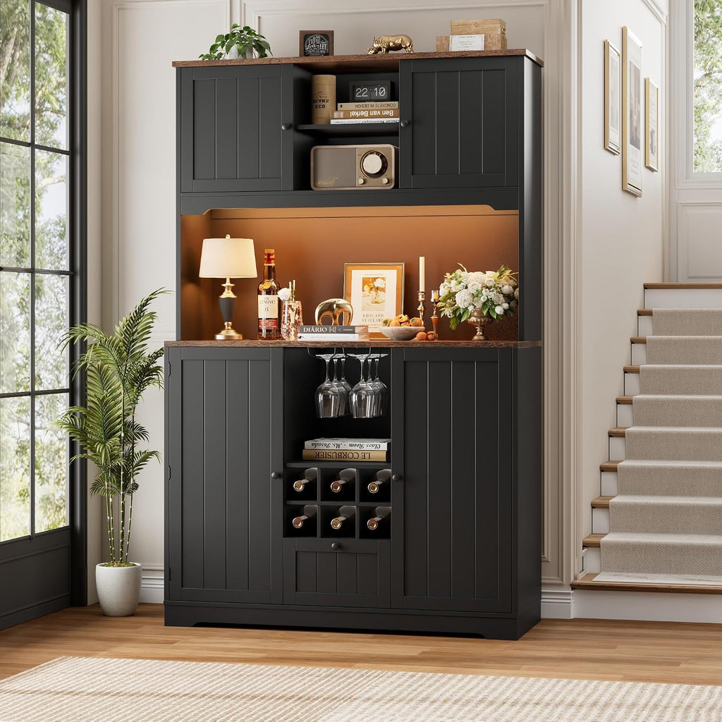 FINETONES 71' Pantry Cabinet with LED Light and Charging Station, Kitchen Pantry Cabinet with Microwave Stand, Kitchen Hutch Food Storage Cabinet with Outlet and Wine Racks, Black