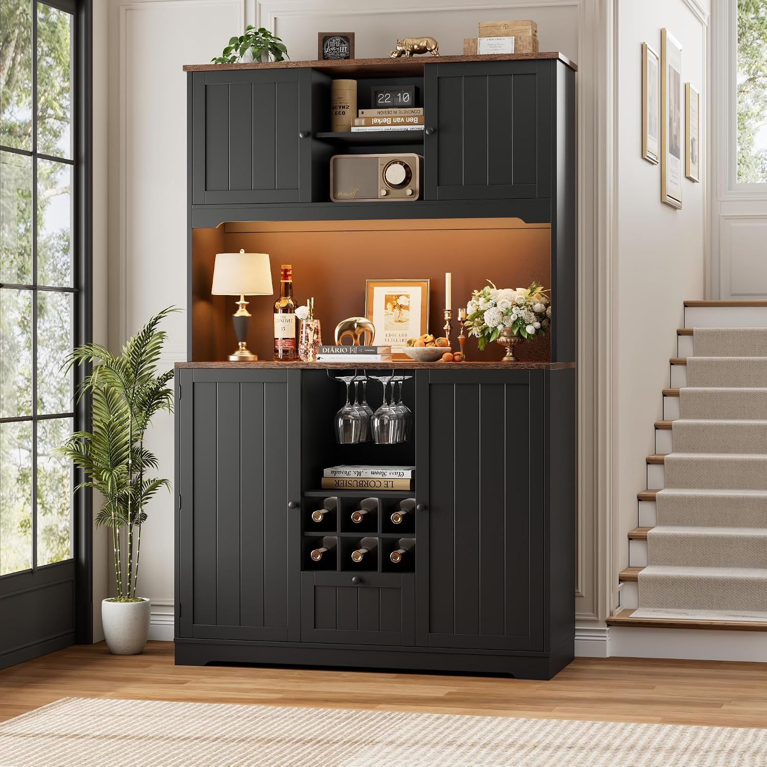 FINETONES 71' Pantry Cabinet with LED Light and Charging Station, Kitchen Pantry Cabinet with Microwave Stand, Kitchen Hutch Food Storage Cabinet with Outlet and Wine Racks, Black