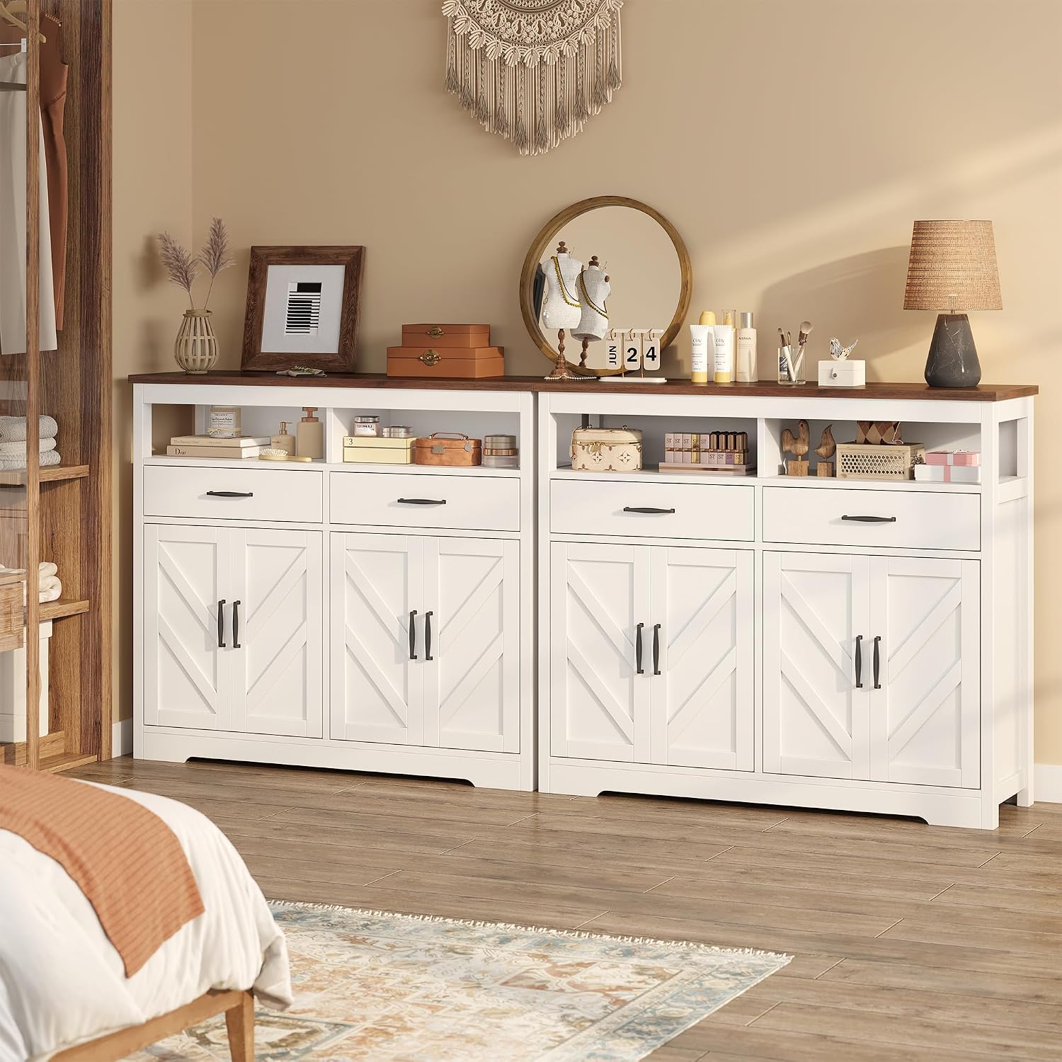 knoworld Buffet Sideboard with Storage Farmhouse with 4 Doors, 47'' Large Kitchen Storage Cabinet Wood Coffee Bar Cabinet Buffet Table with Shelves for Kitchen, Dining Room, Entryway