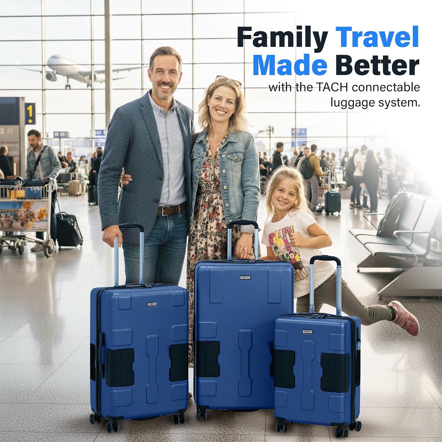 TACH Patented Connecting Hard Shell 3 Piece Luggage Set - 20, 24 & 28 inch Luggage | Carry-On, Medium & Large Rolling Suitcases - Midnight Blue