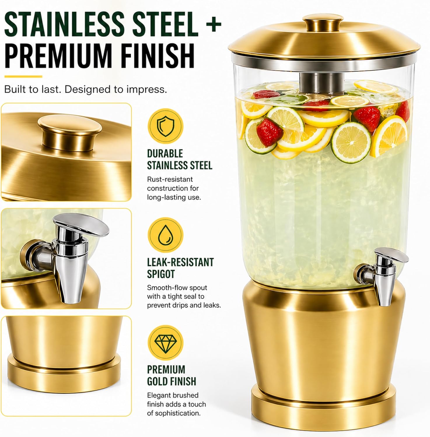 Drink Dispenser with Ice Chambers, Lemonade Tea Water Dispenser with Spigot, Stainless Steel Beverage Jar Jug, Perfect for Home Parties, Weddings, Gifts & Events (Gold, 5, Gallons)