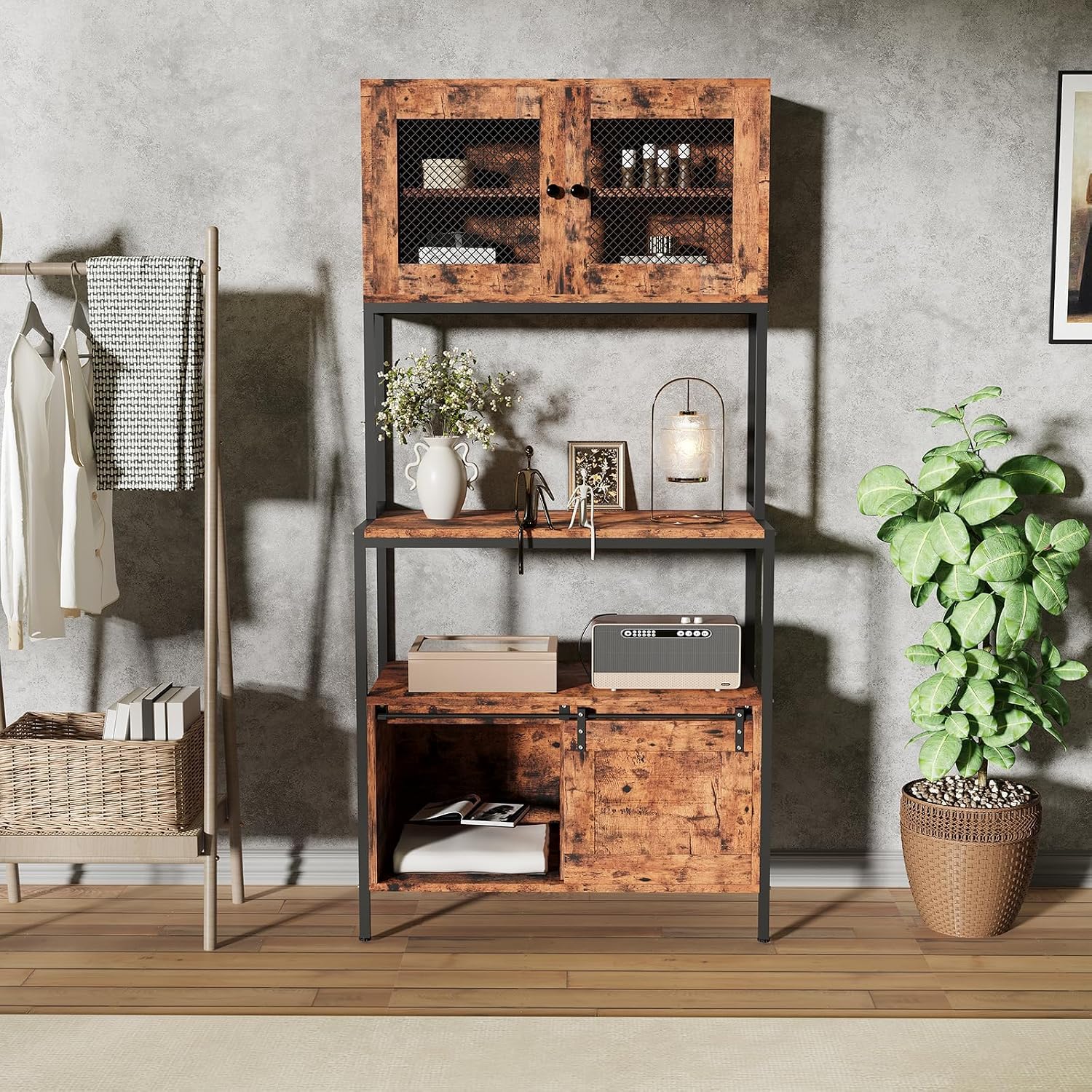 TrailBlaze Industrial Kitchen Bakers Rack with 5-Tier Storage – Microwave Stand, Power Outlet, Cabinets & Open Shelves – Farmhouse Coffee Bar Utility Shelf for Dining Room or Living Room, Brown
