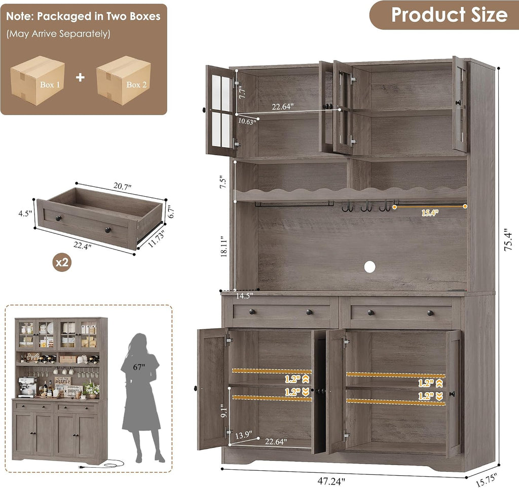HOSTACK 75.4' Tall Kitchen Pantry Cabinet with Charging Station, Modern White Kitchen Hutch with Microwave Stand and Wine Rack, Large Food Pantry Storage Cabinet with Glass Doors and Drawers, Ash Gray