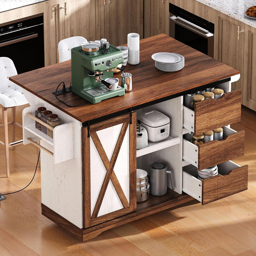 55.5' Farmhouse Kitchen Island with Drop Leaf, Barn Door and Power Outlet, Rolling Kitchen Cart on Wheels with Spice Rack, for Home, Kitchen, Dining Room (White+Brown)