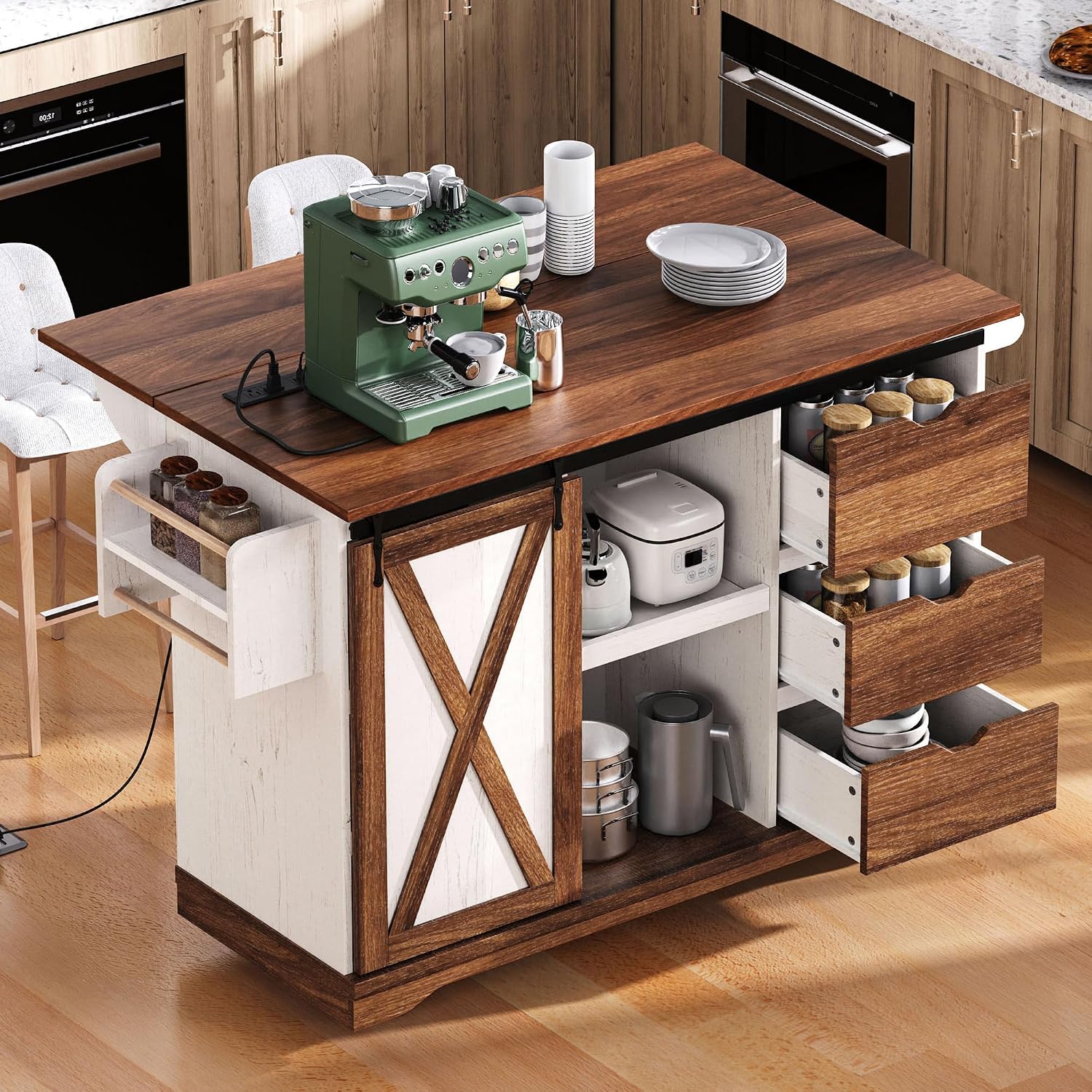 55.5' Farmhouse Kitchen Island with Drop Leaf, Barn Door and Power Outlet, Rolling Kitchen Cart on Wheels with Spice Rack, for Home, Kitchen, Dining Room (White+Brown)