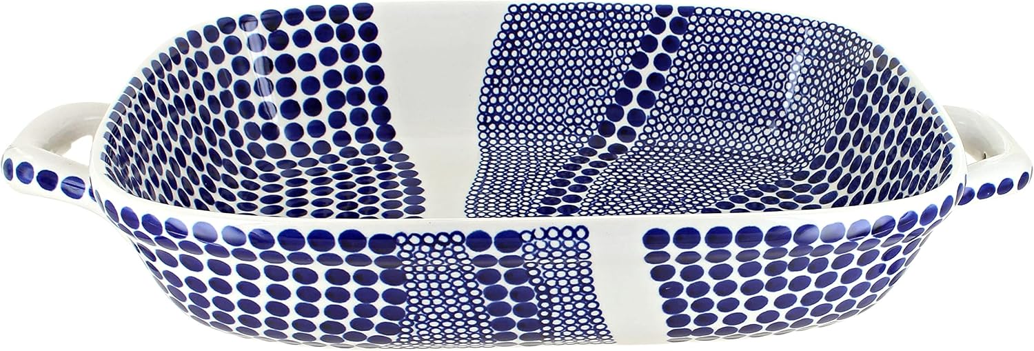 Blue Rose Polish Pottery - Blue Zara Large Baker with Handles - 14.5' x 10.75' - Unique, Dishwasher Safe, & Durable Bakeware