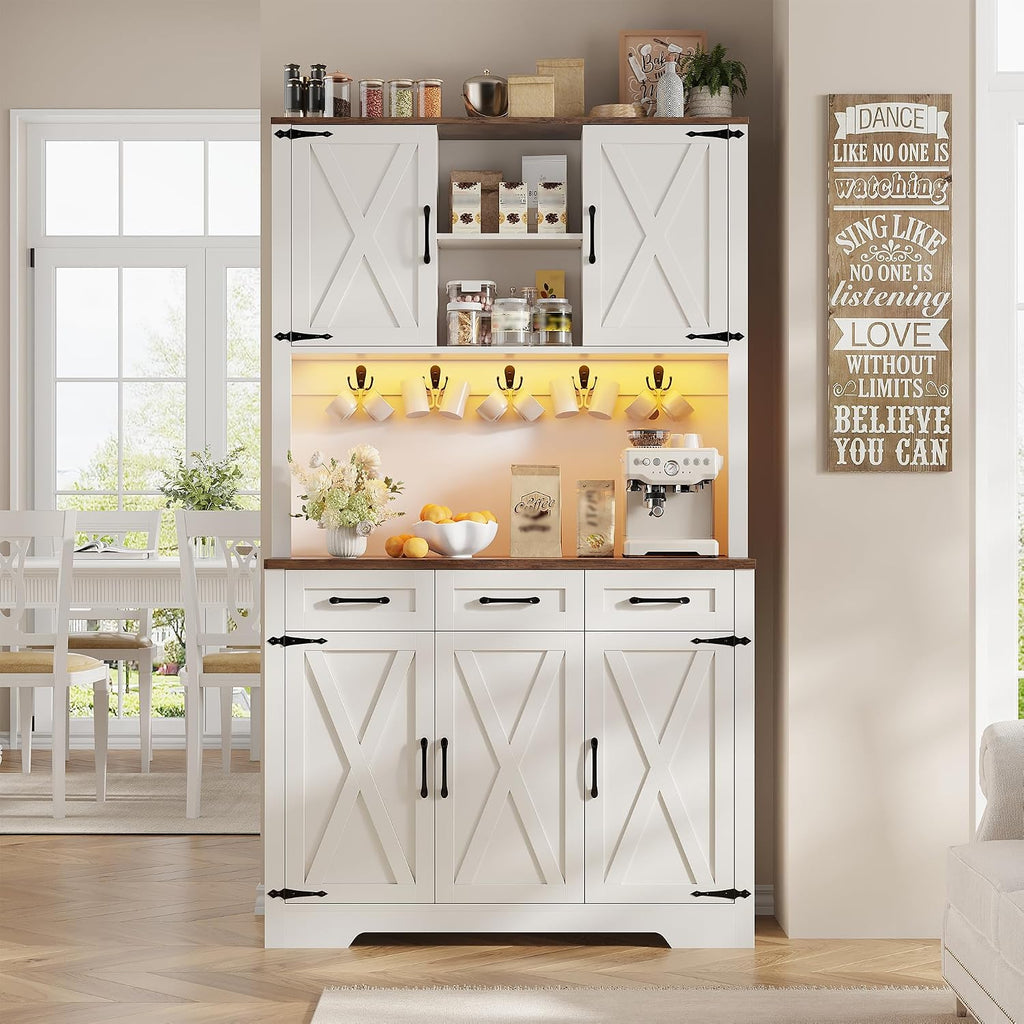 70.9' Tall Kitchen Pantry Cabinet with LED Light & Charging Station, Farmhouse Kitchen Hutch with Large Countertop & 10 Hooks, Kitchen Cabinet Storage with Drawers for Living Room, Dining Room, White