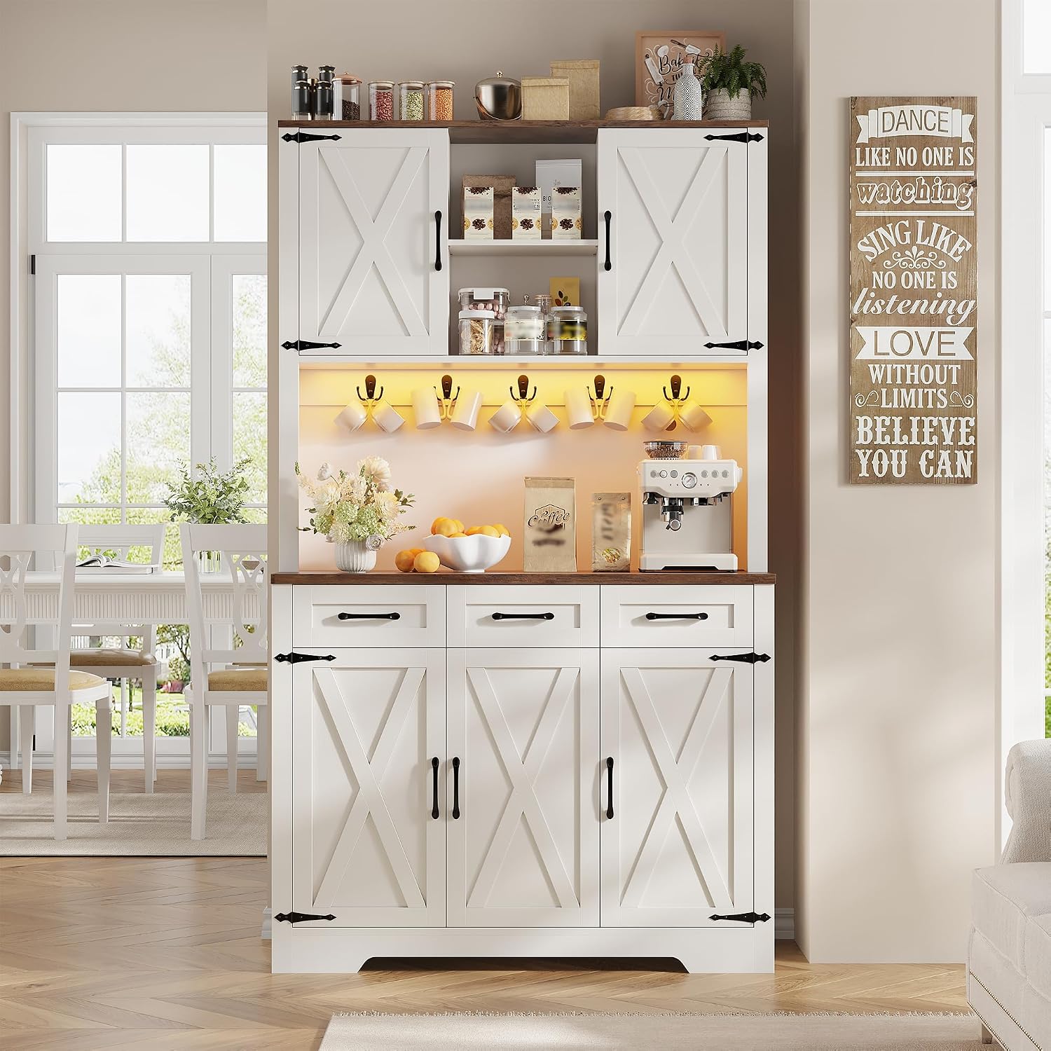 70.9' Tall Kitchen Pantry Cabinet with LED Light & Charging Station, Farmhouse Kitchen Hutch with Large Countertop & 10 Hooks, Kitchen Cabinet Storage with Drawers for Living Room, Dining Room, White
