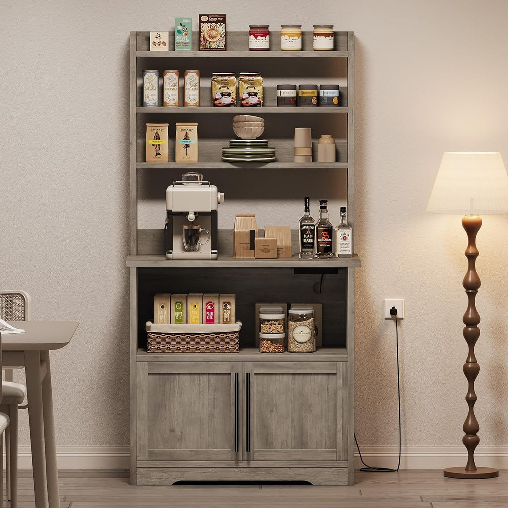 TrailBlaze Microwave Stand with Storage Cabinet, Bakers Rack with Power Outlet and Shelves, Farmhouse Floor Hutch Door Thickened Counter, Storage Shelf Coffee Bar for Kitchen, Dining Room, Grey