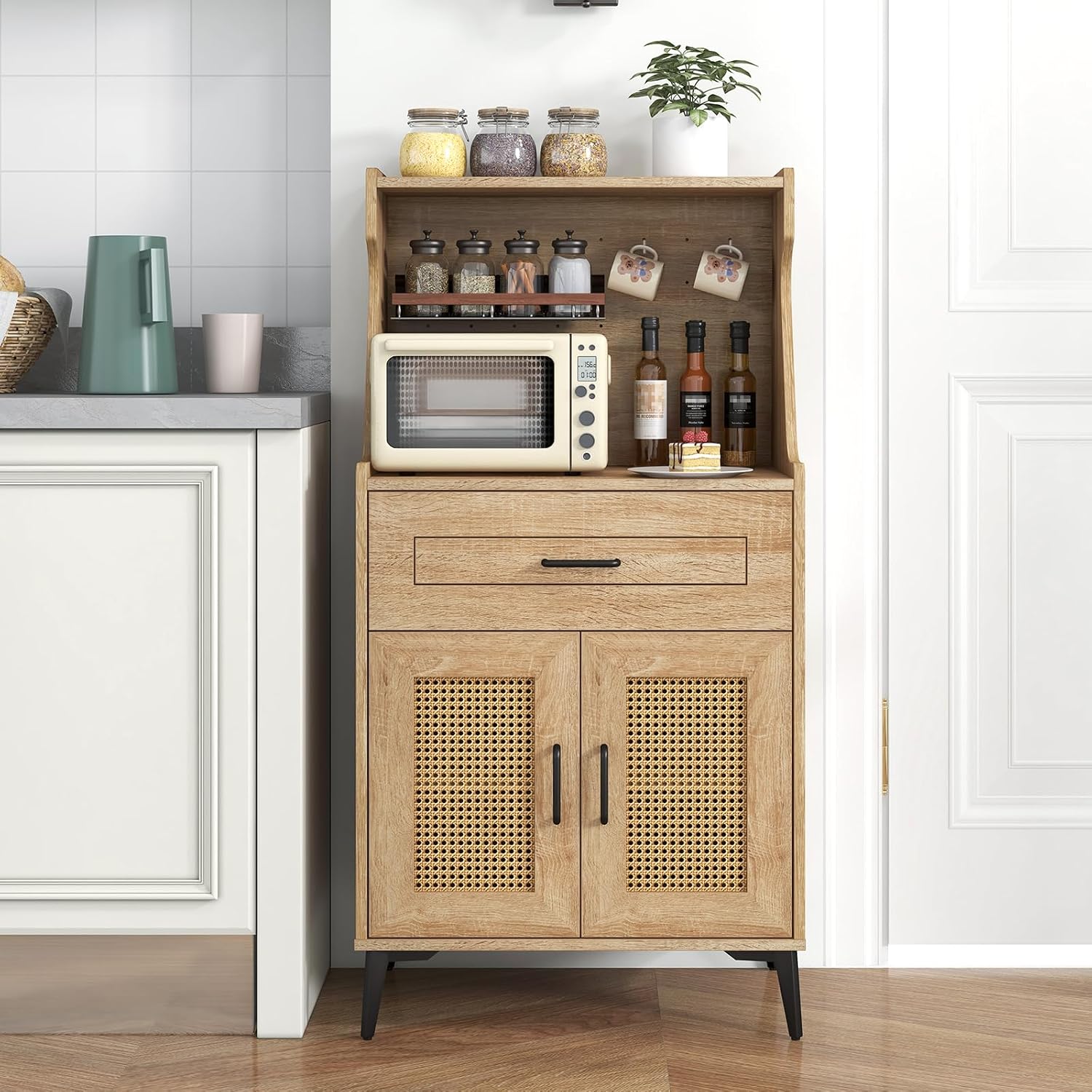 Giantex 45.5' Kitchen Pantry Cabinet, Buffet Sideboard w/Hutch, PVC Rattan Door, DIY Pegboard, Drawer, Adjustable Shelf, Metal Legs, Microwave Stand, Wood Storage Cabinet for Coffee Bar Kitchen (Oak)