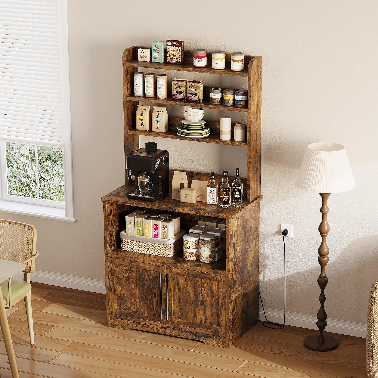 Garvee Farmhouse Bakers Rack with Power Outlets, Microwave Stand with Cabinet, Kitchen Hutch Pantry Cabinet, Kitchen Coffee Bar Cabinet for Spices, Dishes, and Pots, Brown