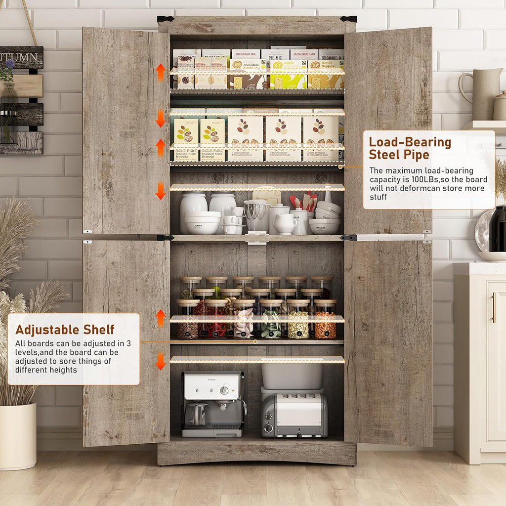 71' Tall Kitchen Pantry,Farmhouse Storage Cabinet with Adjustable Shelves,Load-Bearing Steel Pipe,Farmhouse Pantry Cabinet with 4 Barn Doors,for Kitchen,Dining Room,Living Room(Light Rustic Oak)