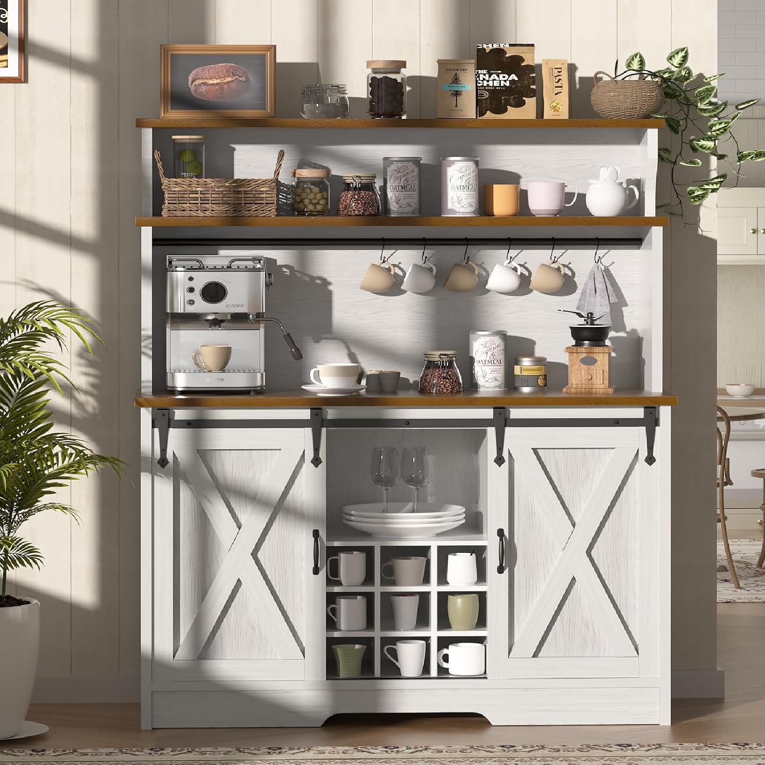 BestHaped Farmhouse Coffee Bar Cabinet with 3 Tier Storage Hutch, 47'' Coffee Bar Station with Sliding Barn Door, Hutch Storage Cabinet with 9 Wine Racks & 9 Hooks for Kitchen Dining Living Room