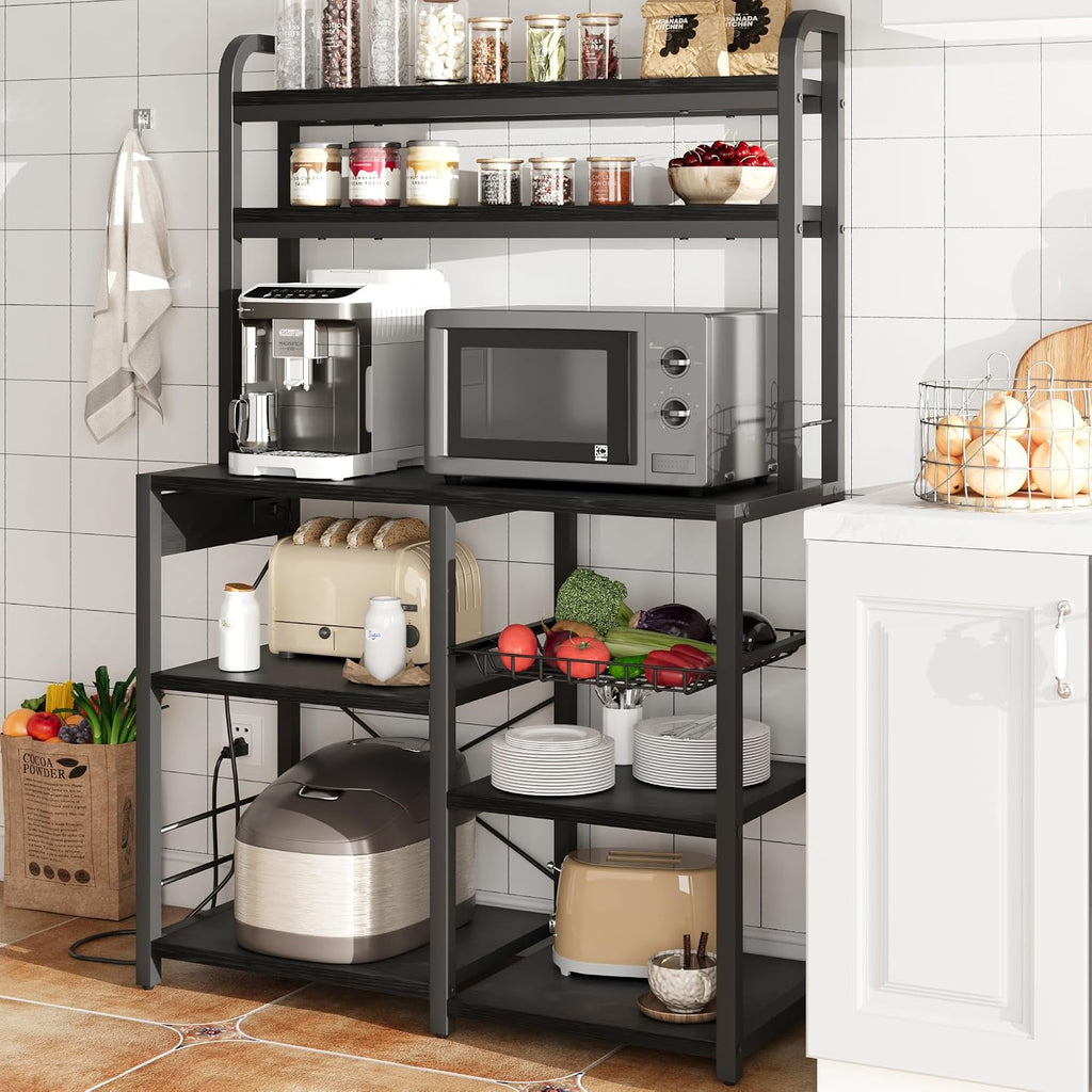 GAOMON Bakers Rack with Power Outlet, Kitchen Baker Rack with Wire Basket, Microwave Stand with Large Open Storage Shelves, 6-Tier Freestanding Utility Storage Shelf, Retro Black