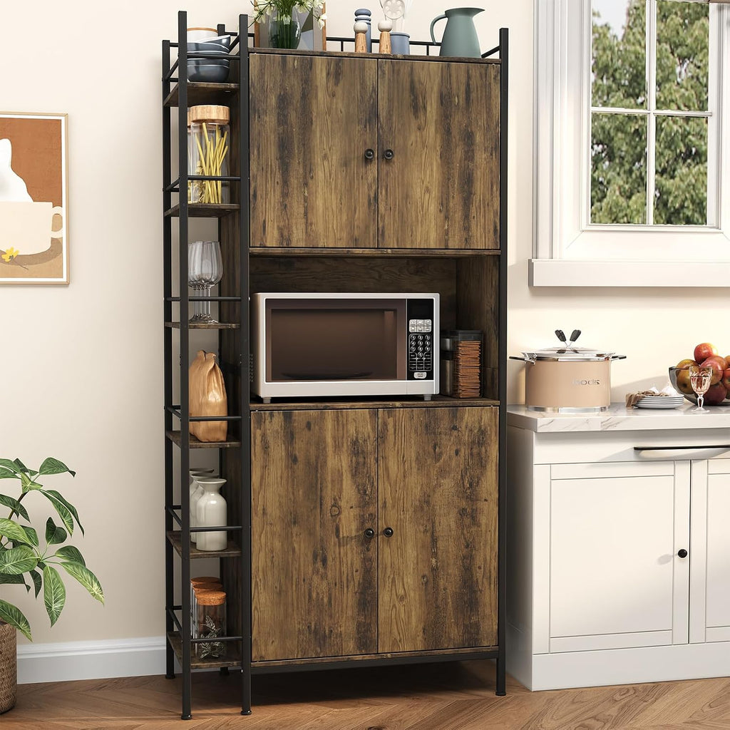 Industrial Style Kitchen Pantry Storage Cabinet, Brown Tall Kitchen Hutch with Microwave Stand, Food Pantry Cabinet with Side 6 Shelves and 2 Doors for Dining Room, Living Room