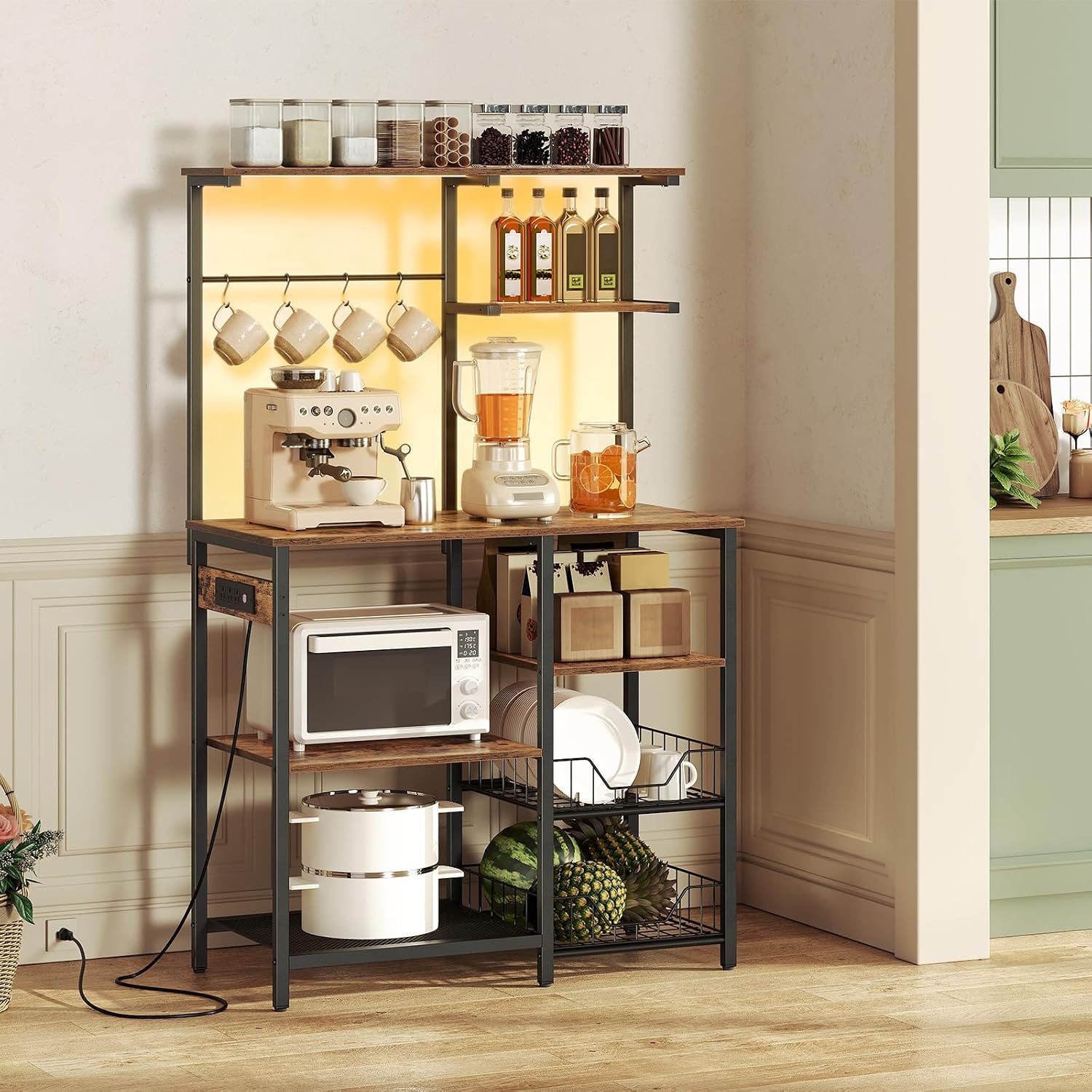 HOOBRO Bakers Rack with Power Outlet and LED Light Strings, Microwave Stand BF64UDHB01-BF07UHB01