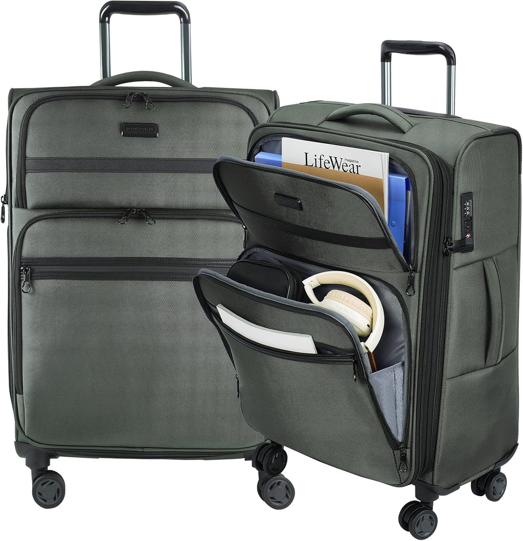 KROSER Softside Expandable checked Luggage with Front Business Pockets，24 Inch Suitcases with Spinner Wheels & Built-in TSA Lock, Durable Suitcase Rolling Luggage, Army Green