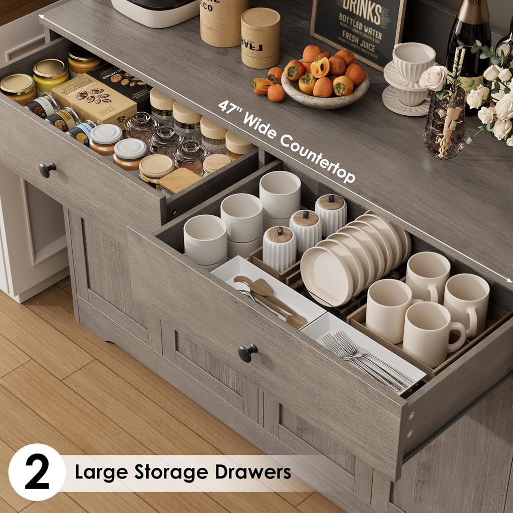 HIFIT 71' LED Kitchen Pantry Cabinet with Power Outlet, Large Kitchen Hutch Storage Cabinet with Arched Door, Shelves, 2 Drawer, Tall Farmhouse Coffee Bar w/Hutch for Home Dining Living Room, Ash Grey