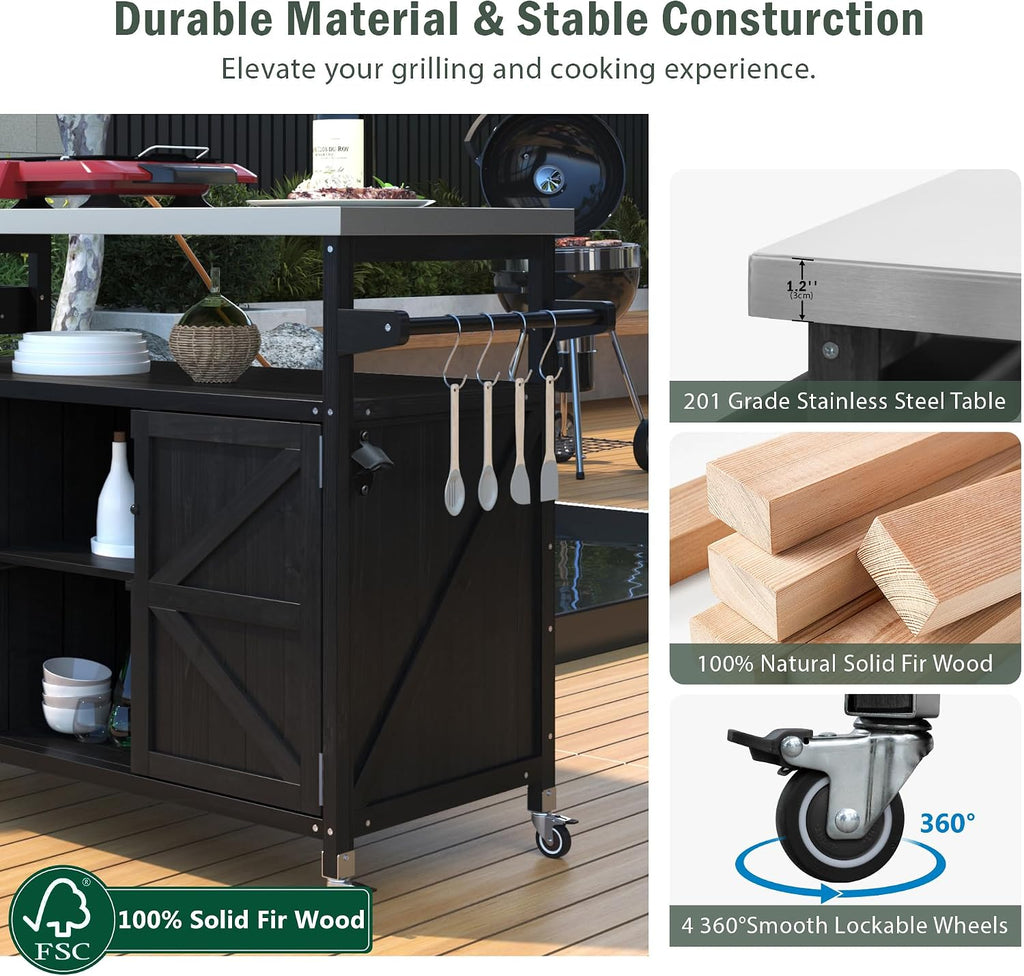 Farmhouse Outdoor Kitchen Island, Rolling Bar Cart & Storage Cabinet with Stainless Steel Top, Spice Rack, Towel Rack for Kitchen & Barbecue, Solid Wood Outdoor Grill Table