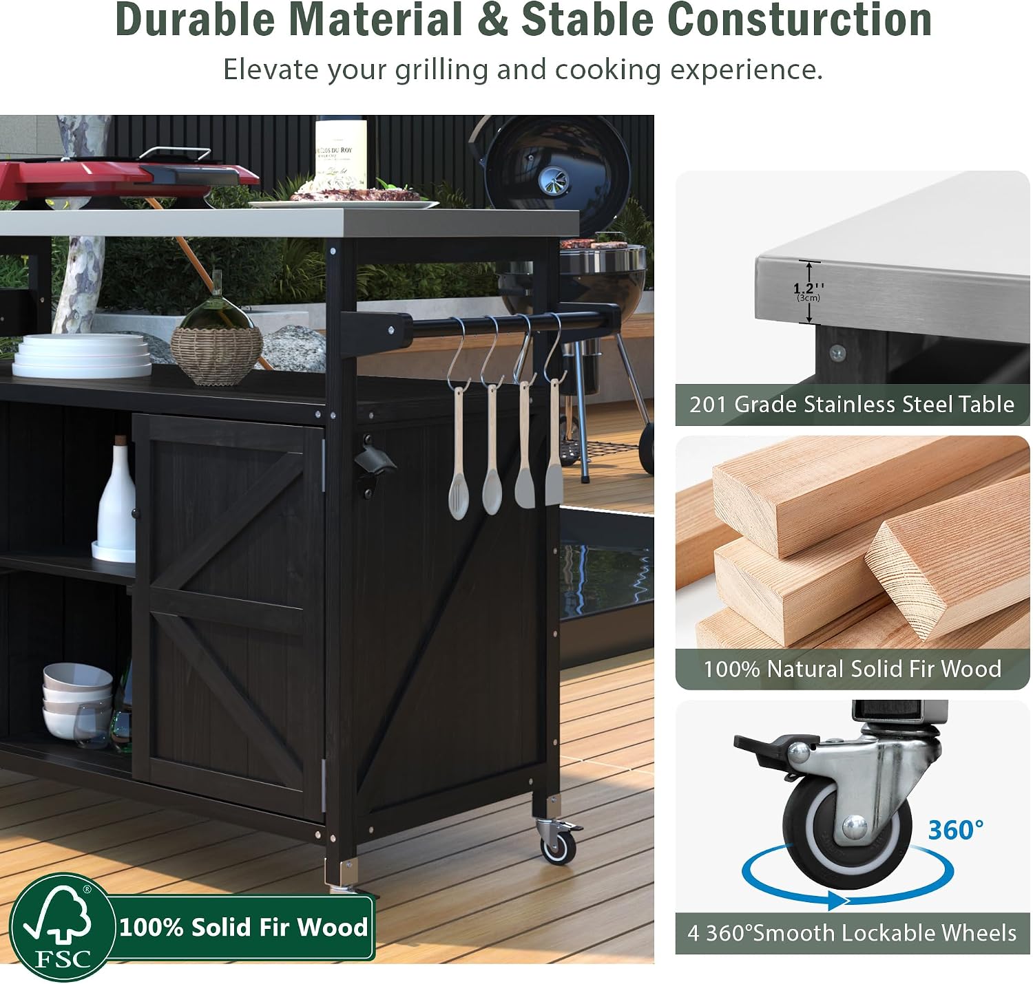 Farmhouse Outdoor Kitchen Island, Rolling Bar Cart & Storage Cabinet with Stainless Steel Top, Spice Rack, Towel Rack for Kitchen & Barbecue, Solid Wood Outdoor Grill Table