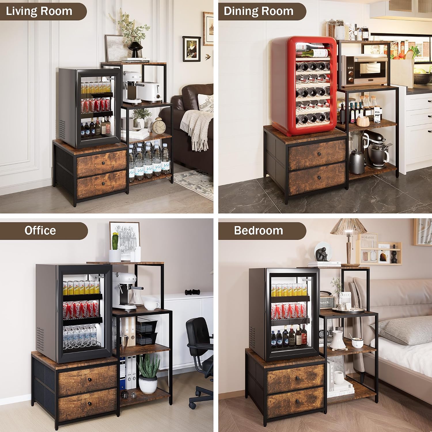 Mini Fridge Stand with Storage, Microwave and Mini Fridge Stand with Power Outlet, Coffee Bar, Kitchen Baker, for Dorm, Office(Brown)