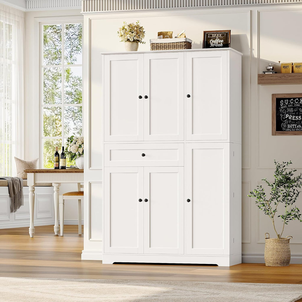 HOSTACK 68' Tall Kitchen Pantry Storage Cabinet, Modern Kitchen Hutch Cabinet with Doors and Shelves, Freestanding Food Pantry with Large Storage Drawer for Dining Room, Living Room, White