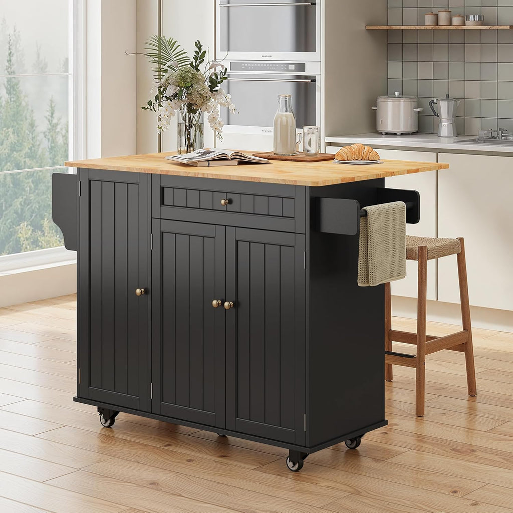 Ahomly Kitchen Island with Storage, Island Table for Kitchen with Drop Leaf, 5 Wheels, a Drawer, Spicy Rack and Towel Bar, Black