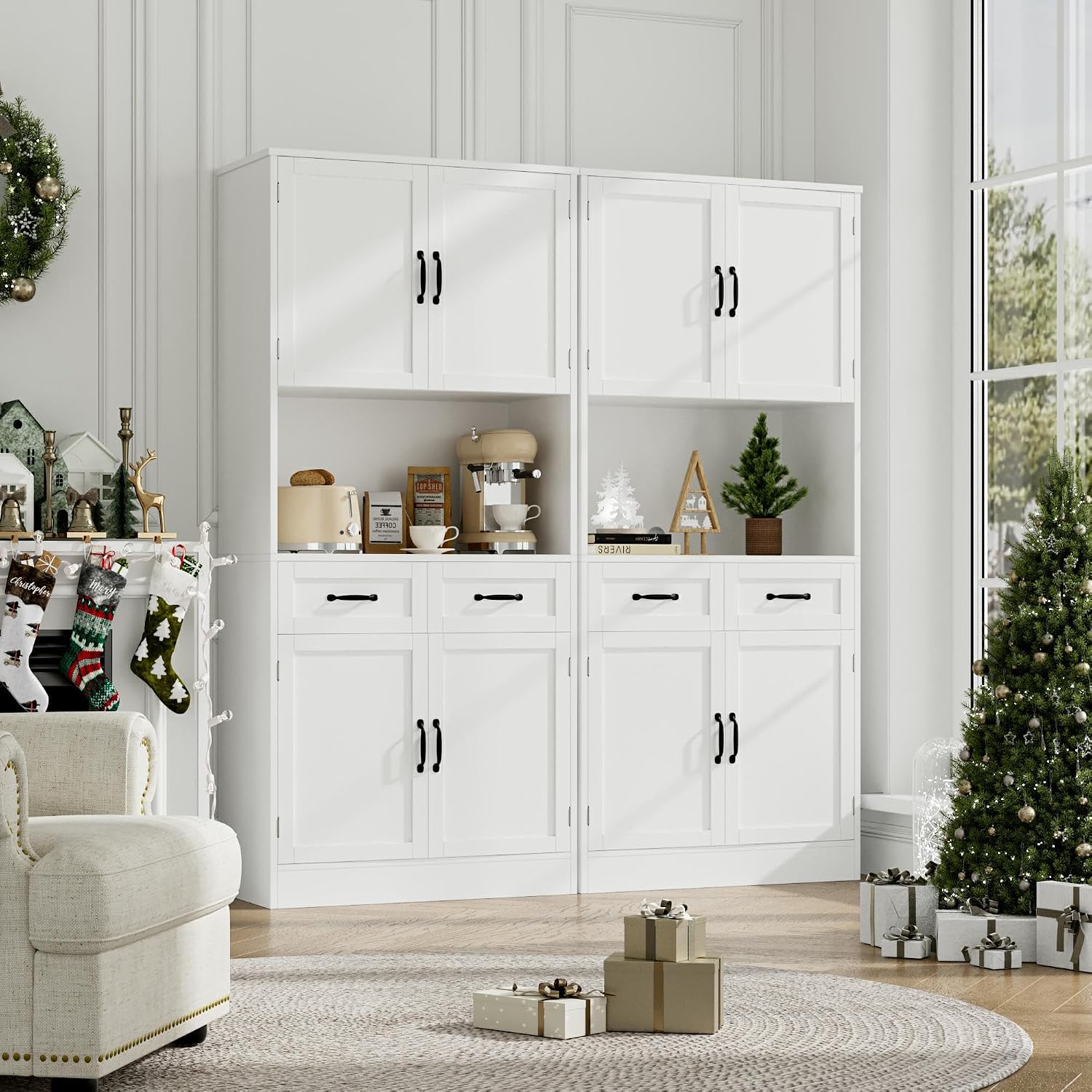 HOSTACK 71' Tall Kitchen Pantry Storage Cabinet, Modern Kitchen Hutch Bar Cabinet with Microwave Stand, Wood Buffet Sideboard with Hutch, Cupboard with Drawers, Shelves for Dining Room, White