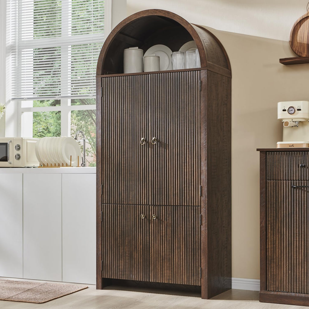 IFGET 71' Tall Arched Kitchen Pantry, Modern Fluted Wood Storage Cabinet with Doors, 3 Adjustable Shelves, 6 Door Shelves, Organizer, Versatile Cupboard for Kitchen, Bathroom, Brown