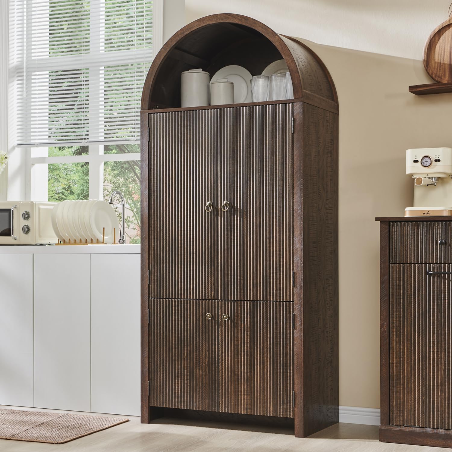 IFGET 71' Tall Arched Kitchen Pantry, Modern Fluted Wood Storage Cabinet with Doors, 3 Adjustable Shelves, 6 Door Shelves, Organizer, Versatile Cupboard for Kitchen, Bathroom, Brown