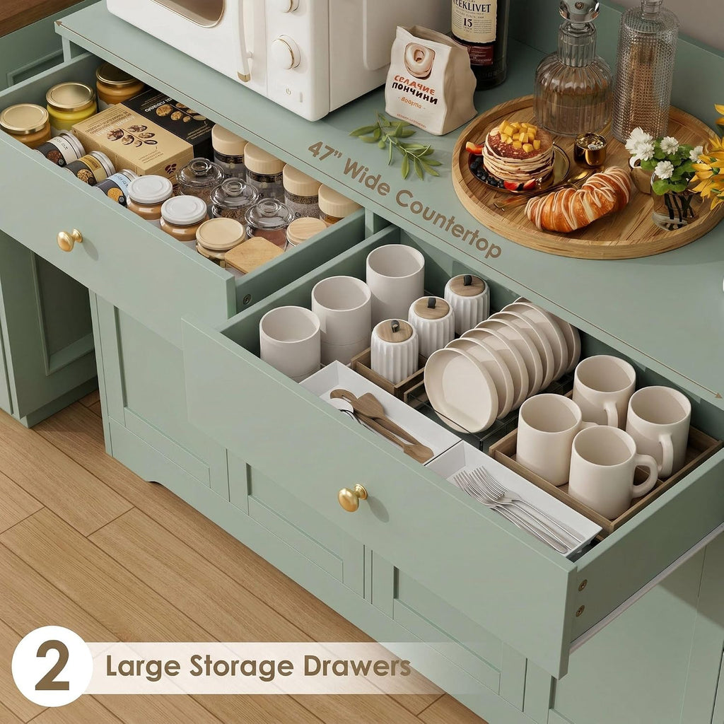 HIFIT 71' LED Kitchen Pantry Cabinet with Power Outlet, Large Kitchen Hutch Cabinet with 2 Storage Drawers & Arched Door, Countertop & Hooks, Tall China Bar for Dining Living Room (Green)