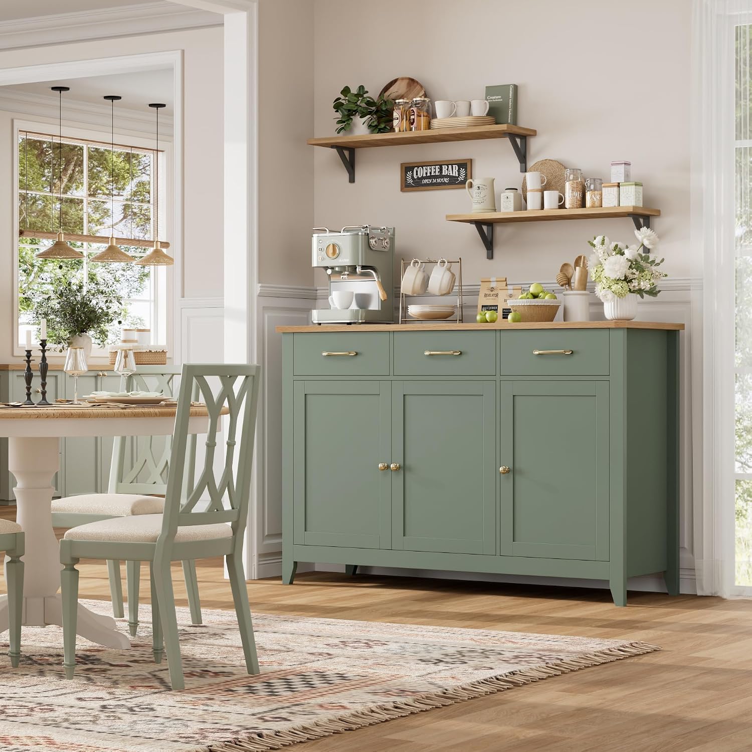 HORSTORS 47' Buffet Cabinet with Storage, Kitchen Buffet Table with Drawer, Modern Coffee Bar Storage Cabinet with Adjustable Shelf, Wood Sideboard for Dining Room, Kitchen, Entryway, Light Green
