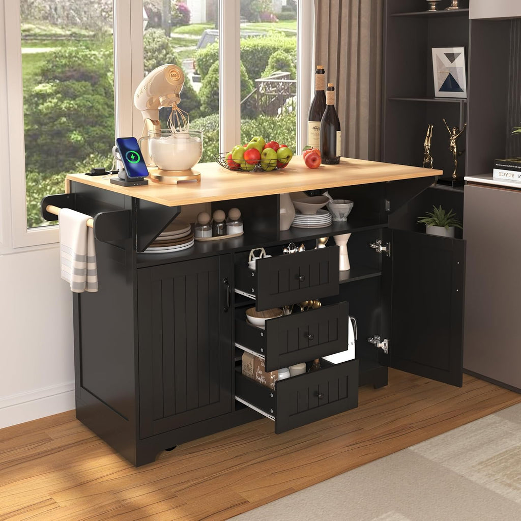 55.7' Large Rolling Kitchen Island Cart On 5 Wheels with 2 Drop Leaf, Power Outlet, Folding Storage Dining Table with Spice & Towel Rack, 3 Drawers, for Kitchen, Dining Room, Black