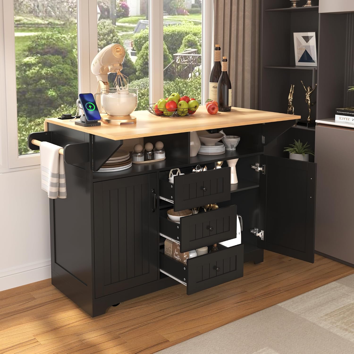 55.7' Large Rolling Kitchen Island Cart On 5 Wheels with 2 Drop Leaf, Power Outlet, Folding Storage Dining Table with Spice & Towel Rack, 3 Drawers, for Kitchen, Dining Room, Black