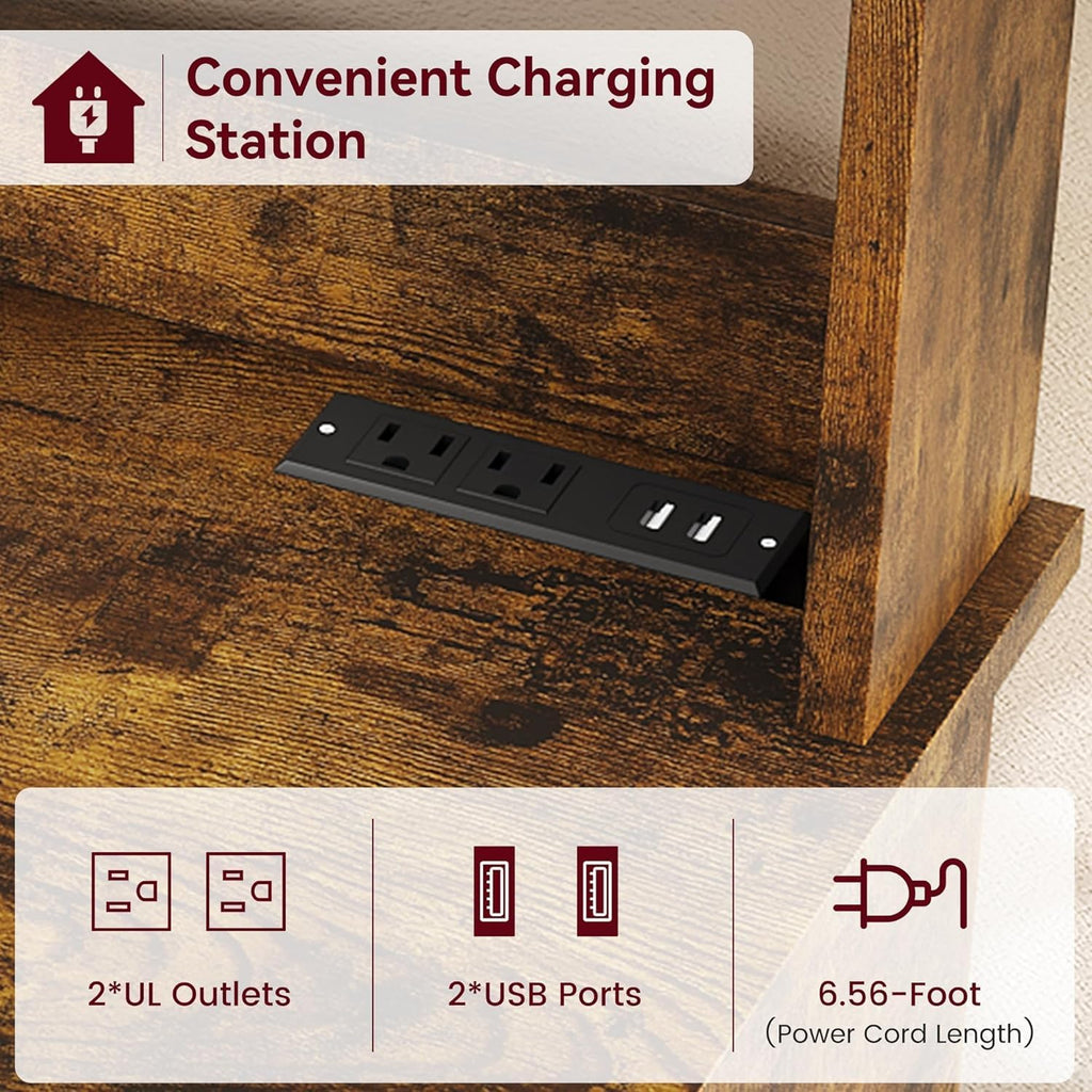 GAOMON Farmhouse Bakers Rack with Storage Cabinet and Charging Station, Kitchen Hutch with Thickened Tabletop, Power Outlets & USB Ports, Pantry Organizer Shelf for Kitchen and Dining Room, Brown