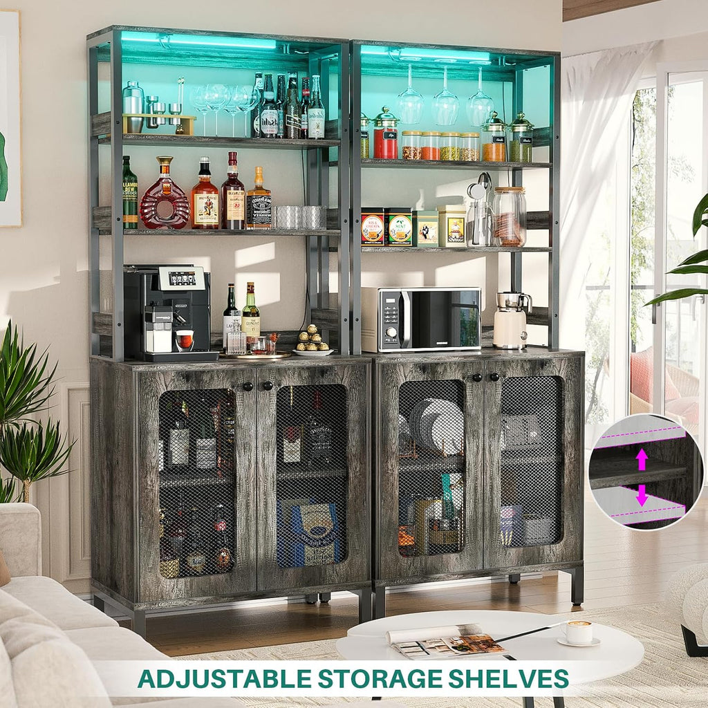 Aheaplus Bar Cabinet with Power Outlets, 26.9' Wine Bar Cabinet Liquor Cabinet with LED Lights and Glass Holder, Coffee Bar Station Microwave Stand, Black Oak