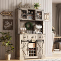 72 in Farmhouse Bar Cabinet with Sliding Barn Door, Tall Kitchen Buffet with Storage Hutch and 3 Drawer, Rustic Coffee Wine Bar Sideboard with Wine & Glasses Rack, for Living Room, Washed Grey