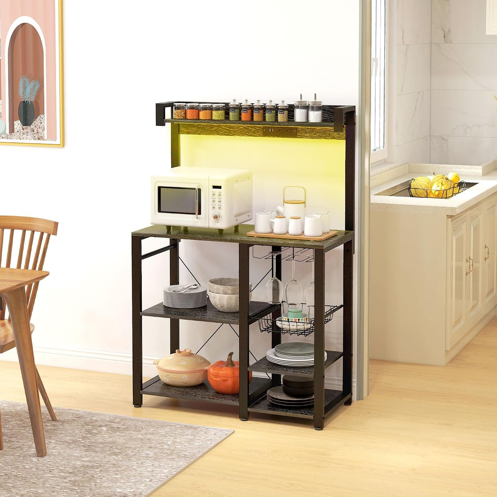 Rack with Power Outlet and LED Lights, Bakers Racks for Kitchens with Storage, Industrial Microwave Stand with Glass Holders, Metal Basket, Multiple Shelves, Gray