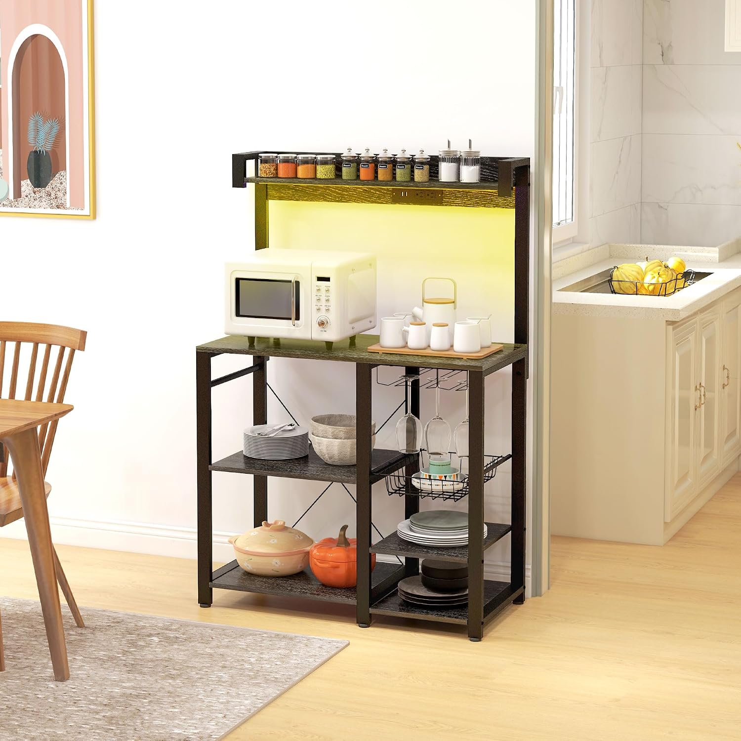 Rack with Power Outlet and LED Lights, Bakers Racks for Kitchens with Storage, Industrial Microwave Stand with Glass Holders, Metal Basket, Multiple Shelves, Gray