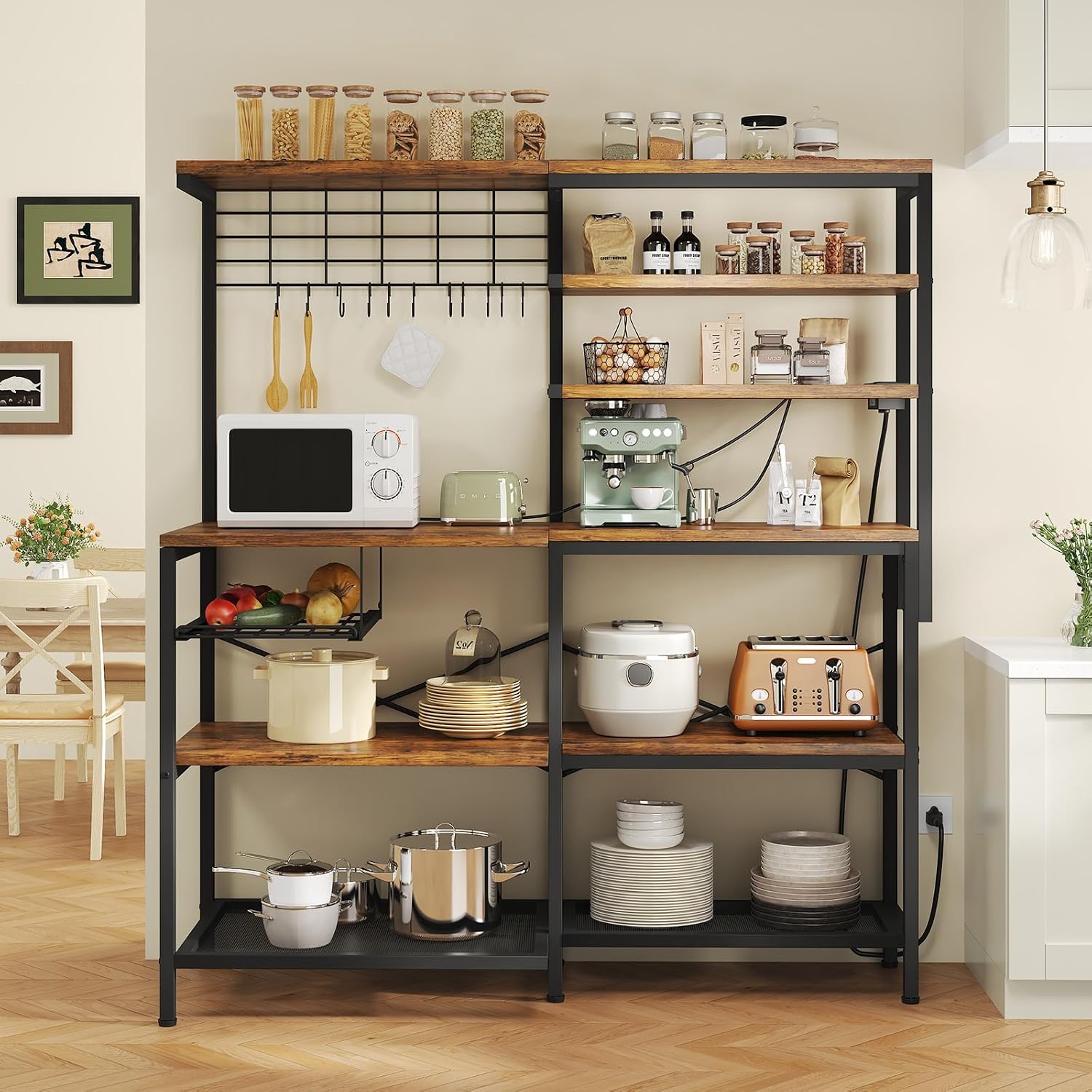 L-Shaped Bakers Rack with Power Outlet, 6-Tier Microwave Stand with Open Storage, Kitchen Shelf with Hooks, Coffee Bar with Wire Basket, Rustic Brown and Black