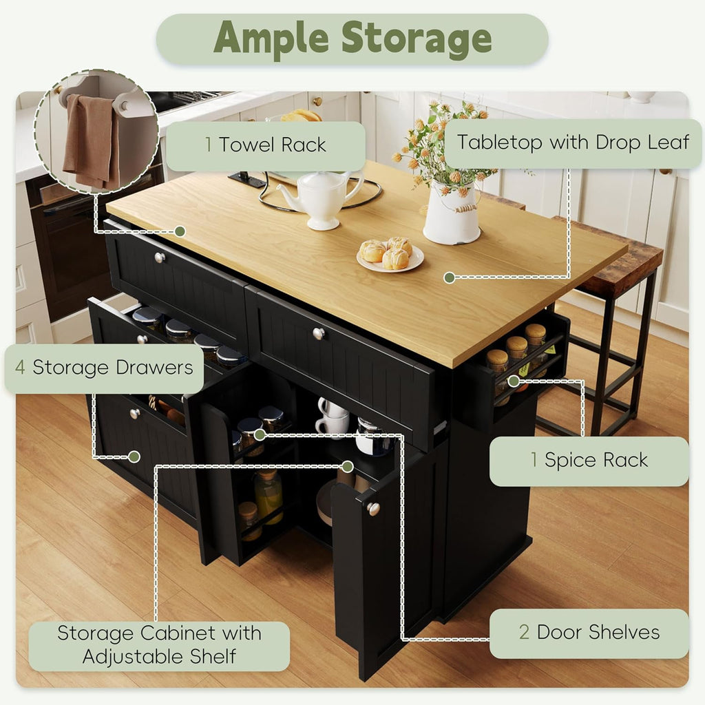 Farmhouse Kitchen Island with Drop Leaf and 2 Seatings, Kitchen Table Set with Storage Cabinet, Drawers, Door Shelves and Power Outlet Black+Rustic Brown