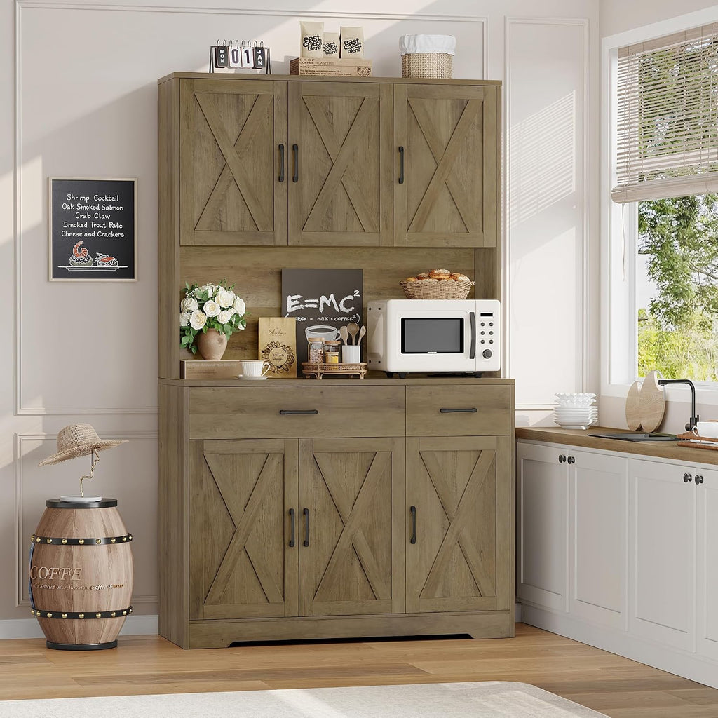 HOSTACK 71' Pantry Cabinet with Charging Station, Tall Kitchen Pantry Storage Cabinet with Microwave Stand, Farmhouse Kitchen Hutch with Storage Drawers for Living Room, Dining Room, Rustic Brown