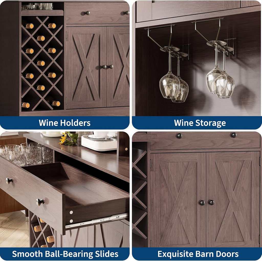 Coffee Bar Cabinet with Power Outlet & Exquisite Barn Doors, Sideboard Buffet Cabinet with Wine Bottle Rack, Storage Cabinet for Kitchen, Dining Room