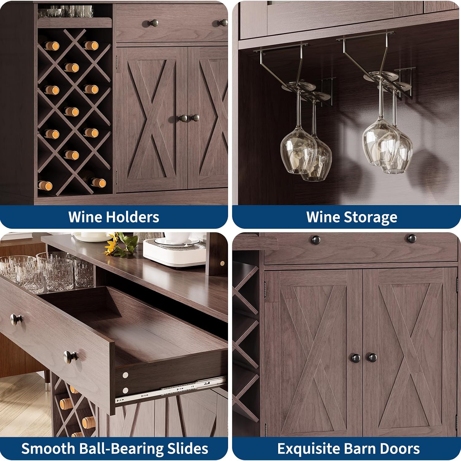 Coffee Bar Cabinet with Power Outlet & Exquisite Barn Doors, Sideboard Buffet Cabinet with Wine Bottle Rack, Storage Cabinet for Kitchen, Dining Room