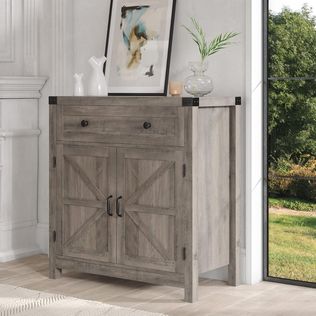 HOSTACK Coffee Bar Cabinet, Kitchen Storage Cabinet, Modern Farmhouse Buffet Sideboard with Drawer and Adjustable Shelf, Barn Door Accent Cabinets for Kitchen, Dining Room, Entryway, Ash Grey