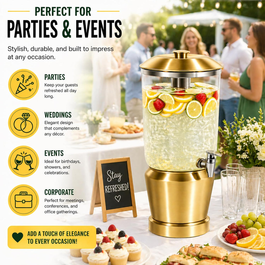 Drink Dispenser with Ice Chambers, Lemonade Tea Water Dispenser with Spigot, Stainless Steel Beverage Jar Jug, Perfect for Home Parties, Weddings, Gifts & Events (Gold, 5, Gallons)