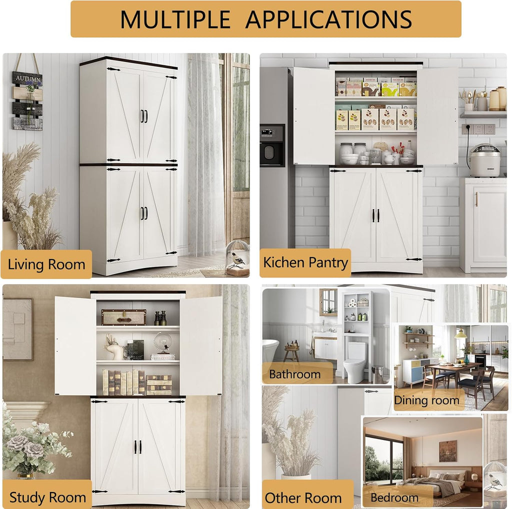 Hlivelood 71' Tall Kitchen Pantry,Farmhouse Storage Cabinet with Adjustable Shelves,Load-Bearing Steel Pipe,Farmhouse Pantry Cabinet with 4 Barn Doors,for Kitchen,Dining Room,Living Room(Rustic White)